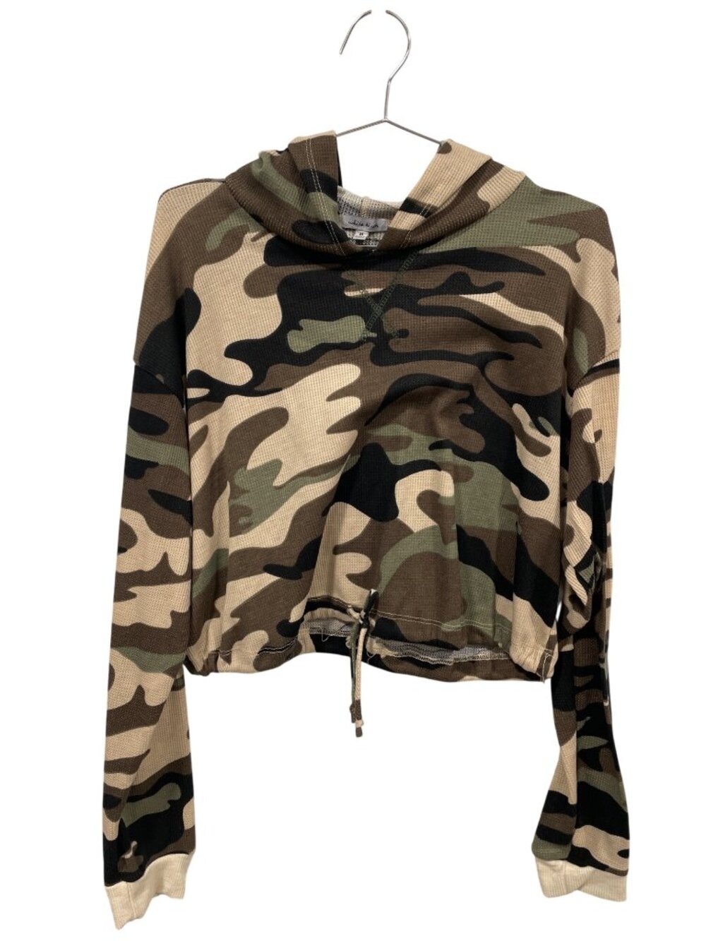 White Birch Hoodie Medium Waffle Knit Camo Cropped Top Green Brown Army Military